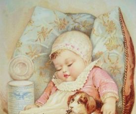 Contented sleeping baby and puppy